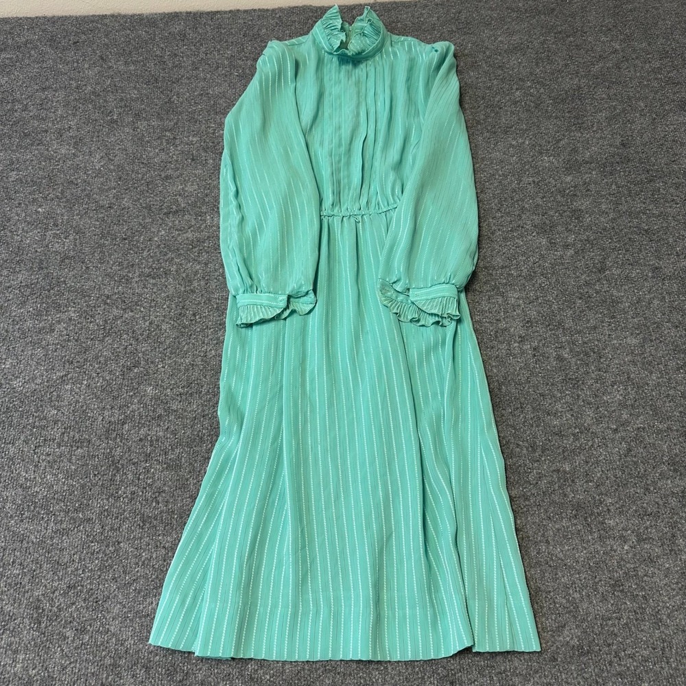 Lady Carol Petites Dress Womens Size P Green Striped Ruffle Neck Vintage Midi